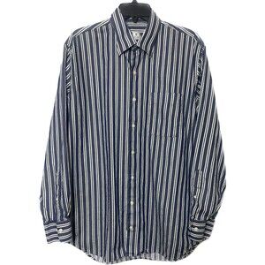 Peter Millar Long Sleeve Button Down Blue Grey White Striped Shirt Size Large